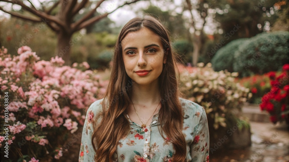 Young woman with long brown hair and a floral shirt smiling in a garden. Young woman with long brown hair and a floral shirt smiling in a garden.