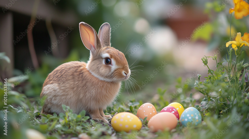 A brown rabbit sitting in a garden next to colorful Easter eggs - happy easter
A brown rabbit sitting in a garden next to colorful Easter eggs - happy easter