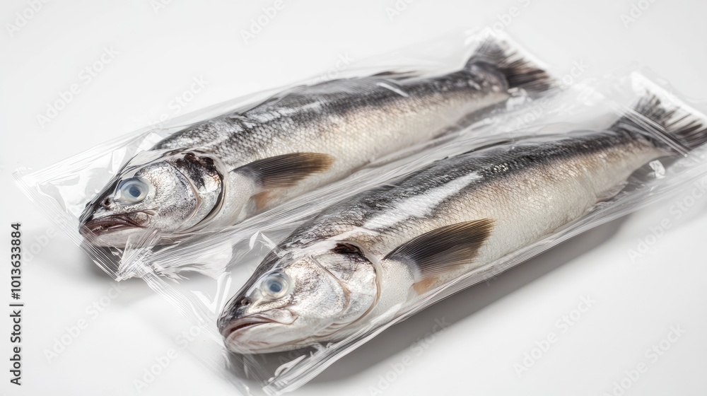 Close-up of sea bass in sealed packaging, placed on a clean white background, ideal for grocery store or seafood product promotions.