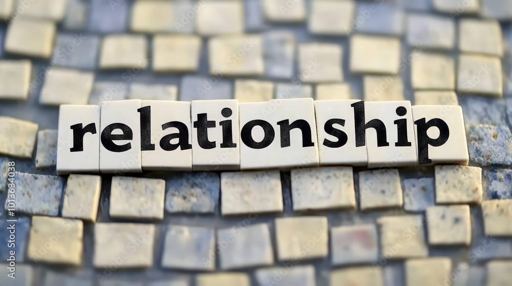 The word relationship spelled out on letter tiles against mosaic background The word relationship spelled out on letter tiles against mosaic background