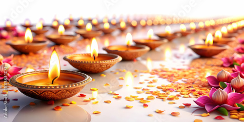 3D Glossy Diwali Diyas Along a Pathway with Glowing Flower Petals - Serene Festive Background Image for Diwali Celebrations photo