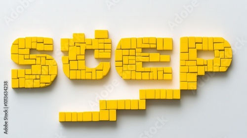 Yellow toy bricks arranged to spell the word step on white background photo