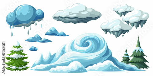 Set of Snow Flurries: Different types of snow effects, including light flurries, heavy snowfall, and drifting snow.
