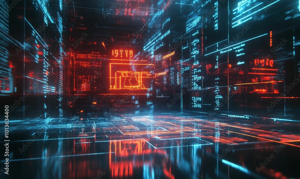 Neon digital grid reflecting in a dark space. Neon digital grid reflecting in a dark space.
