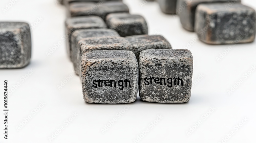 Stones with the word strength arranged in a row on white background Stones with the word strength arranged in a row on white background