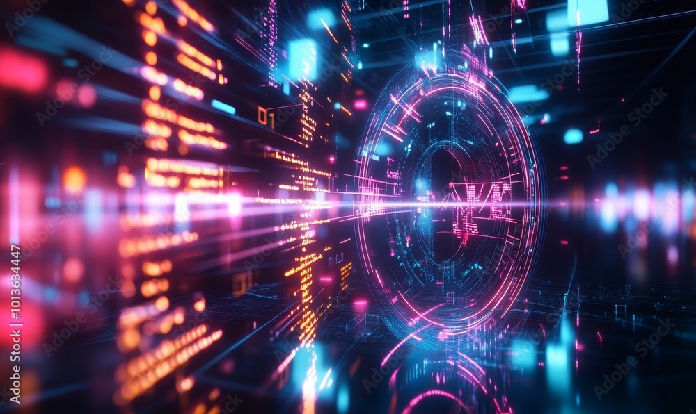 Neon lights form abstract digital tunnel.