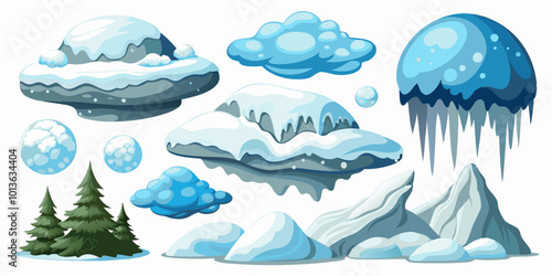 Set of Snow Flurries: Different types of snow effects, including light flurries, heavy snowfall, and drifting snow.

