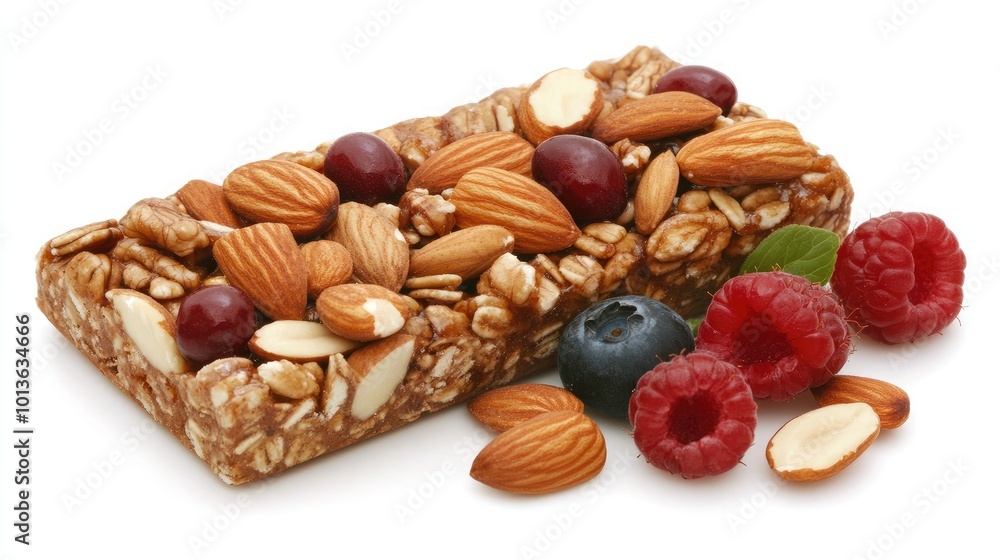 This energy bar features a delightful mix of fresh berries and nuts, beautifully arranged to highlight its natural, health-conscious ingredients on a clean white surface This energy bar features a delightful mix of fresh berries and nuts, beautifully arranged to highlight its natural, health-conscious ingredients on a clean white surface