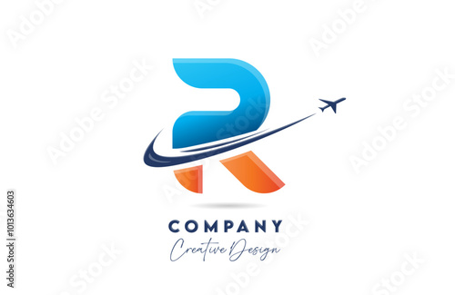 R corporate letter alphabet logo icon design with swoosh plane suitable for an air or aerospace travel company or business