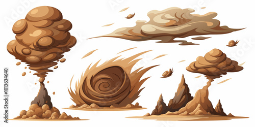 Set of Dust Storms: Different intensities of dust storms, with swirling particles and reduced visibility effects.
