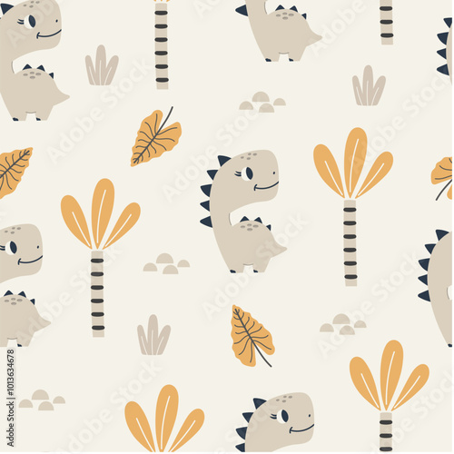 Wallpaper Mural Childish seamless pattern with dinosaurs, tropical leaves and palm trees. Vector illustration in funny cartoon style. Cute dino baby background. Dinosaur vector illustration. Torontodigital.ca