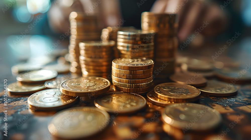 Close-up view of neatly stacked gold coins scattered on a reflective surface, symbolizing wealth, finance, and investment opportunities Close-up view of neatly stacked gold coins scattered on a reflective surface, symbolizing wealth, finance, and investment opportunities