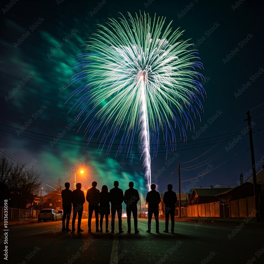 Silhouettes of People Watching Fireworks Display. A group of people stand in silhouette on a street, looking up at a colorful firework display exploding in the night sky. Silhouettes of People Watching Fireworks Display. A group of people stand in silhouette on a street, looking up at a colorful firework display exploding in the night sky.
