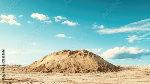 A pile of sand on a construction site, with room for copy space in the sky