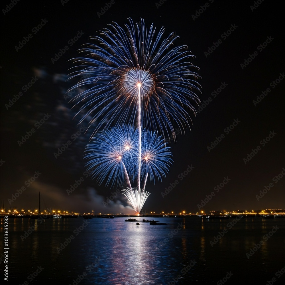 Multiple fireworks explode in the night sky, creating colorful bursts over a calm body of water. The reflection of the light from the fireworks illuminates the surface of the water. Multiple fireworks explode in the night sky, creating colorful bursts over a calm body of water. The reflection of the light from the fireworks illuminates the surface of the water.