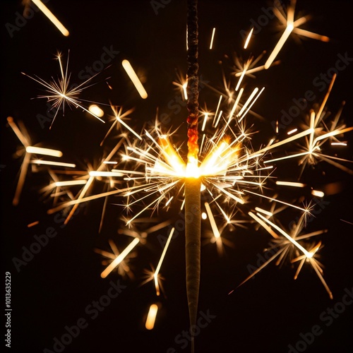 A single sparkler burns brightly against a black background, its fiery sparks shooting out in all directions, creating a dazzling display of light.