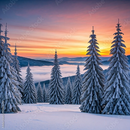 A breathtaking winter landscape with tall fir trees covered in snow, standing against a stunning sunset sky. The scene is further enhanced by a layer of fog rolling over the distant mountains. photo