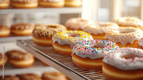 Colorful donuts displayed on a rack with various toppings, enticingly showcased in a bright environment. photo