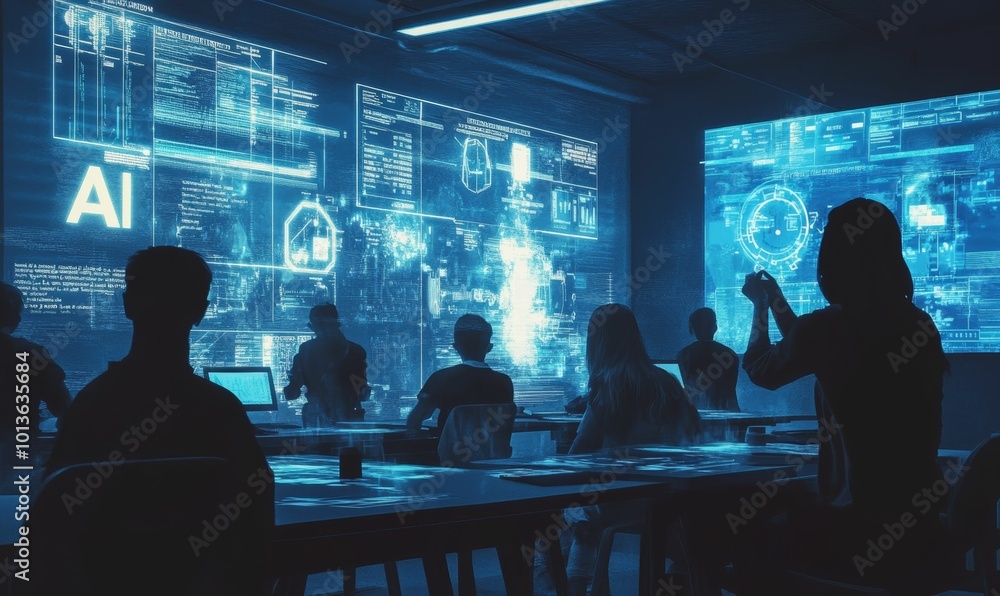 Silhouettes study AI code on screens. Silhouettes study AI code on screens.