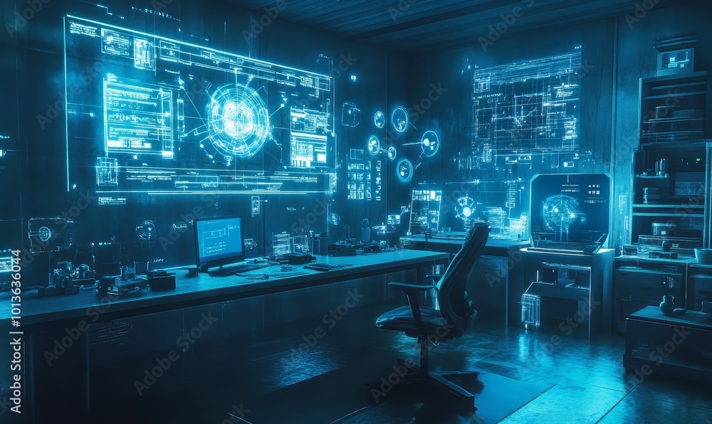 Blue-lit office with digital displays and a chair. Blue-lit office with digital displays and a chair.