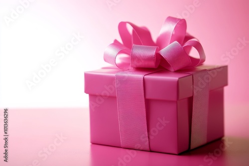 The gift box is wrapped in pink paper with a pink satin bow and a pink background.