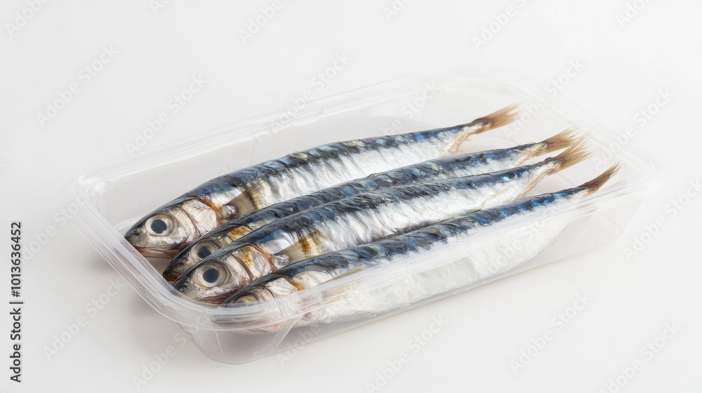 Fresh sardines in clear plastic packaging, resting on a white background, emphasizing the natural, healthy quality of this seafood. Fresh sardines in clear plastic packaging, resting on a white background, emphasizing the natural, healthy quality of this seafood.