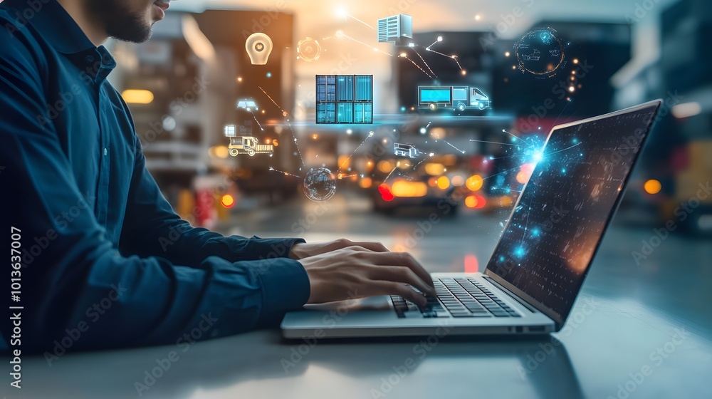 Businessman working on a laptop with logistics icons on the screen, symbolizing technology in logistics Businessman working on a laptop with logistics icons on the screen, symbolizing technology in logistics
