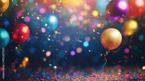 Colorful balloons and confetti on a dark background.