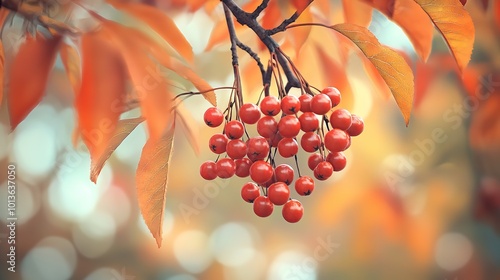 Close-up of Red Rowan Berries and Leaves photo