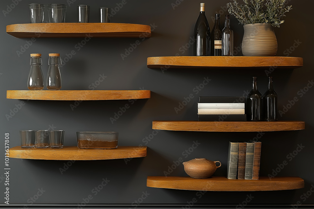 Stylish wooden shelves displaying decorative bottles and glassware in a modern interior setting