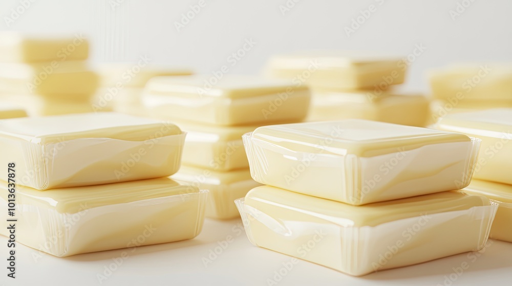 Multiple butter packages stacked neatly on a white background, emphasizing their uniformity and appealing, professional packaging for retail sale. Multiple butter packages stacked neatly on a white background, emphasizing their uniformity and appealing, professional packaging for retail sale.