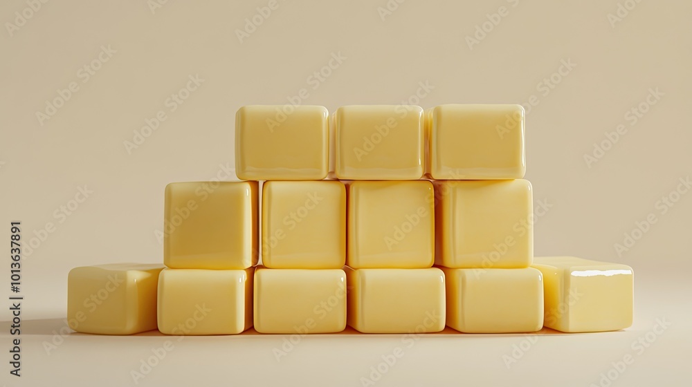 Multiple butter packages stacked neatly on a white background, emphasizing their uniformity and appealing, professional packaging for retail sale. Multiple butter packages stacked neatly on a white background, emphasizing their uniformity and appealing, professional packaging for retail sale.