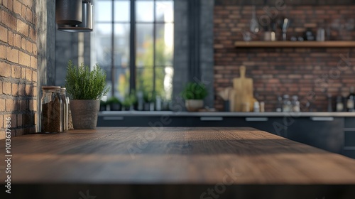 A modern kitchen with a wooden countertop, plants, and brick walls, designed for cooking and socializing.