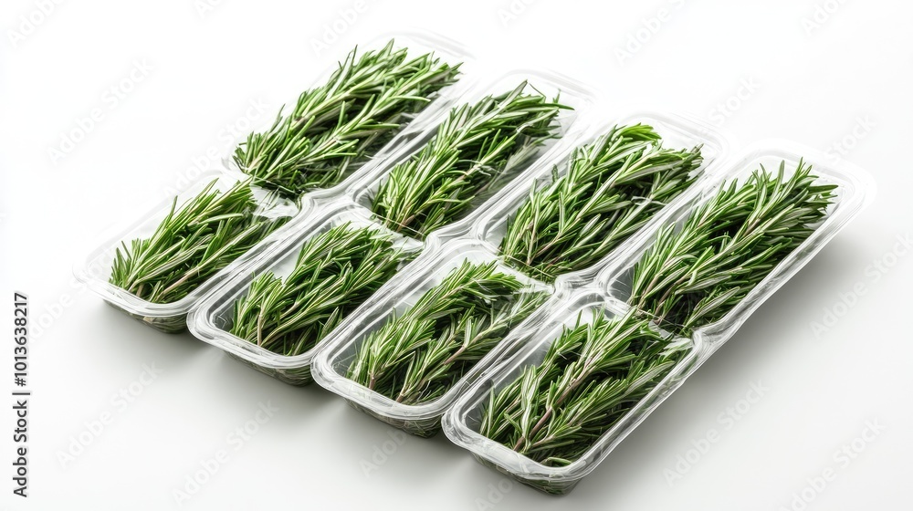Multiple packs of fresh rosemary neatly arranged on a white background, with the transparent packaging highlighting the herbs' natural beauty and market-ready appeal. Multiple packs of fresh rosemary neatly arranged on a white background, with the transparent packaging highlighting the herbs' natural beauty and market-ready appeal.