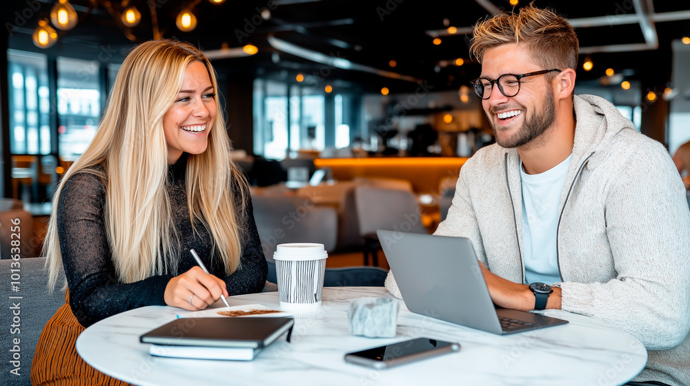 Workers with a notebook in a modern café, casual meeting. Workers with a notebook in a modern café, casual meeting.