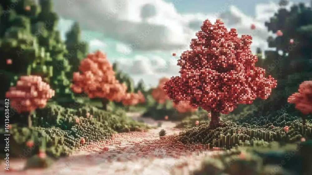 Pixelated Red Tree in a Blocky Forest Landscape Pixelated Red Tree in a Blocky Forest Landscape