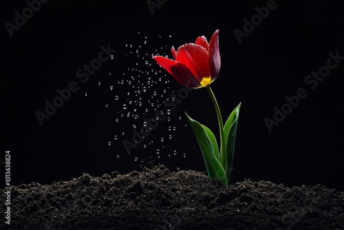 During the morning sun, a pink bud rises from the ground.