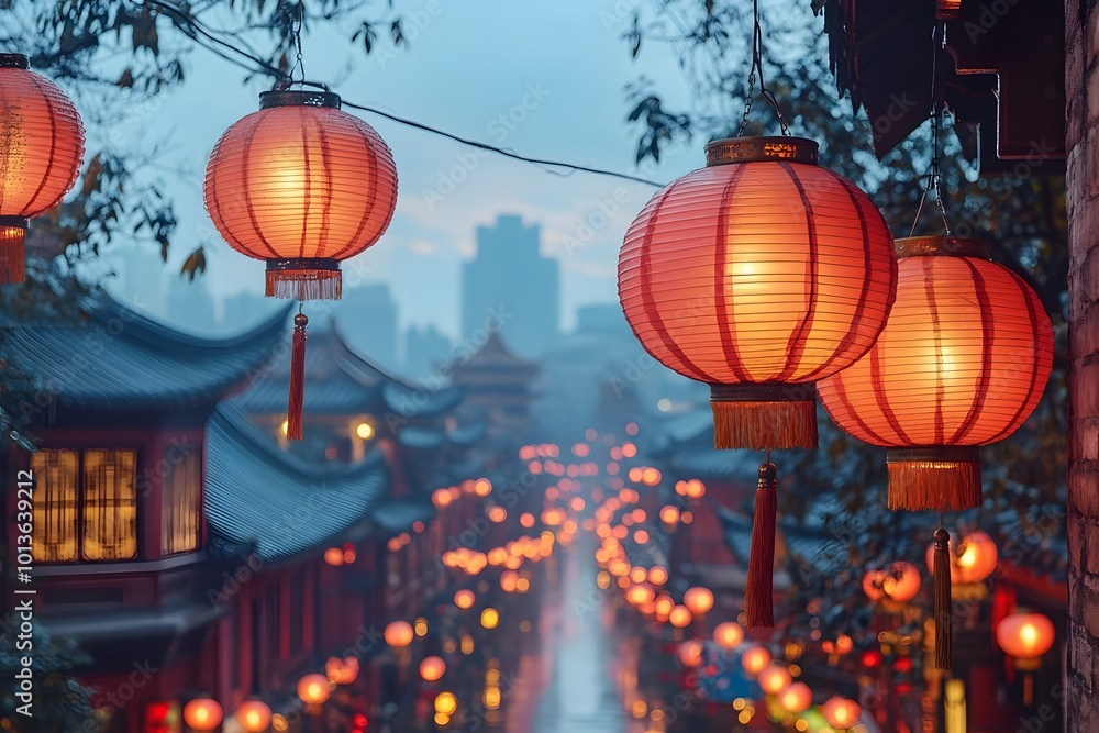 Red Lanterns Hanging In A Vibrant Alleyway At Dusk Red Lanterns Hanging In A Vibrant Alleyway At Dusk