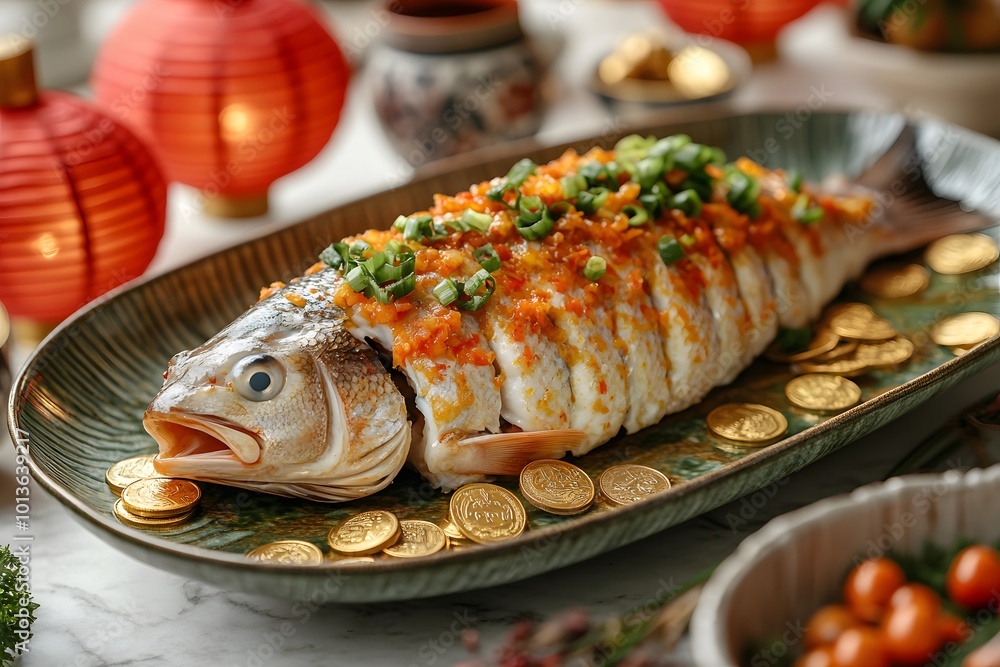 Steamed whole fish on a vibrant Lunar New Year table Steamed whole fish on a vibrant Lunar New Year table