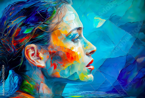 Sublime portrait créatif très coloré, peinture à l'huile, jolie femme dans l'eau, vue de profil, image forte, portrait serré