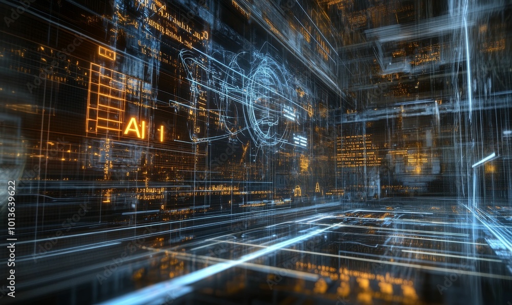 Abstract digital network with AI label. Abstract digital network with AI label.