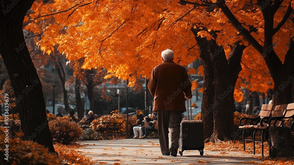 Fototapeta premium Elderly Man Walking in Autumn Park