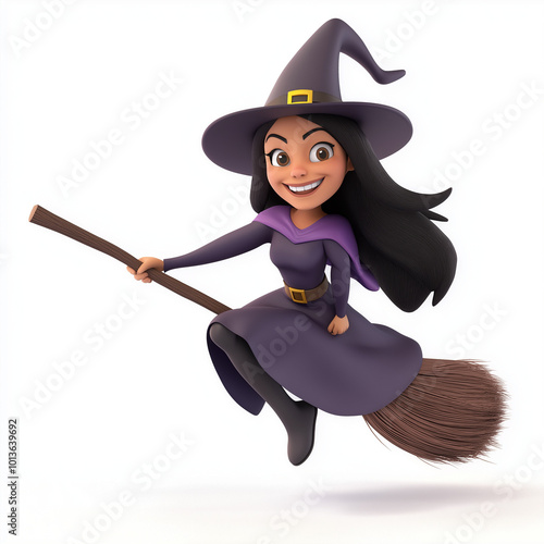 A friendly cartoon witch in a pointy hat, flying on her broomstick with a cheerful smile, set on white.