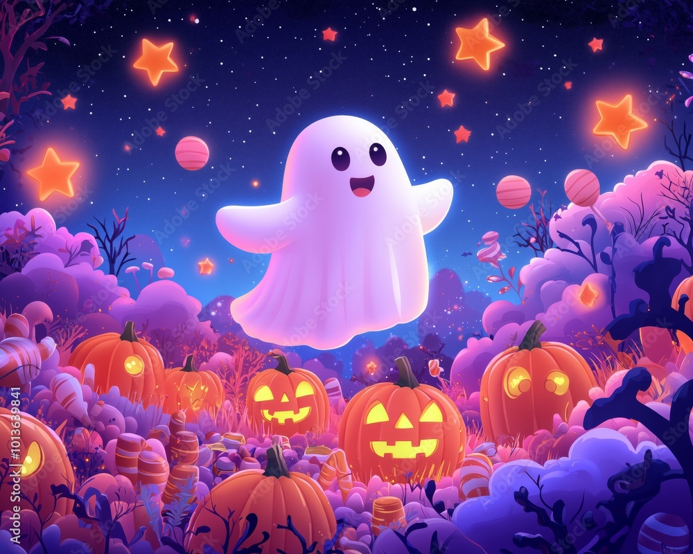 Cheerful Ghost Flying Above a Pumpkin Patch at Night Cheerful Ghost Flying Above a Pumpkin Patch at Night