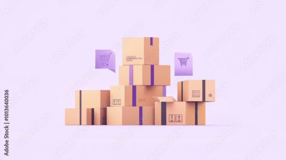 Stack of Cardboard boxes with shopping cart icon on purple background. Stack of Cardboard boxes with shopping cart icon on purple background.