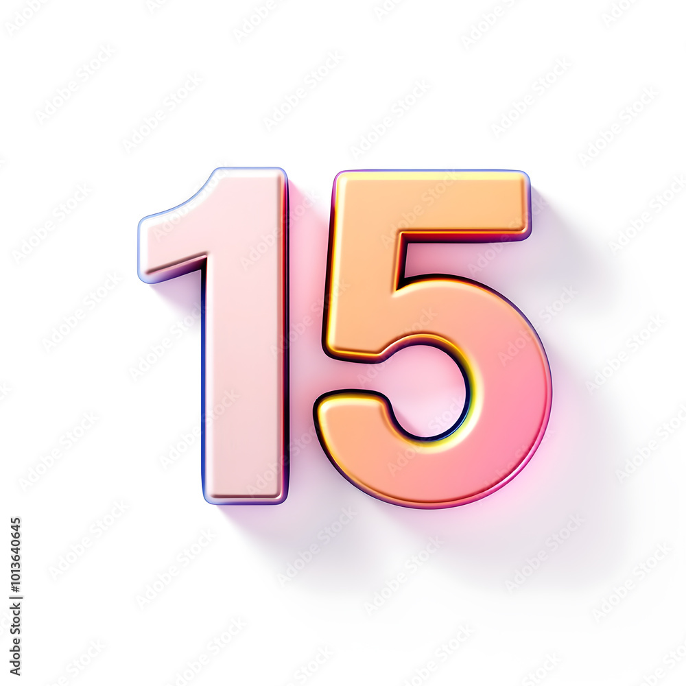3D icon, number 15, white background, smooth textures, vibrant colors. Generative AI 3D icon, number 15, white background, smooth textures, vibrant colors. Generative AI