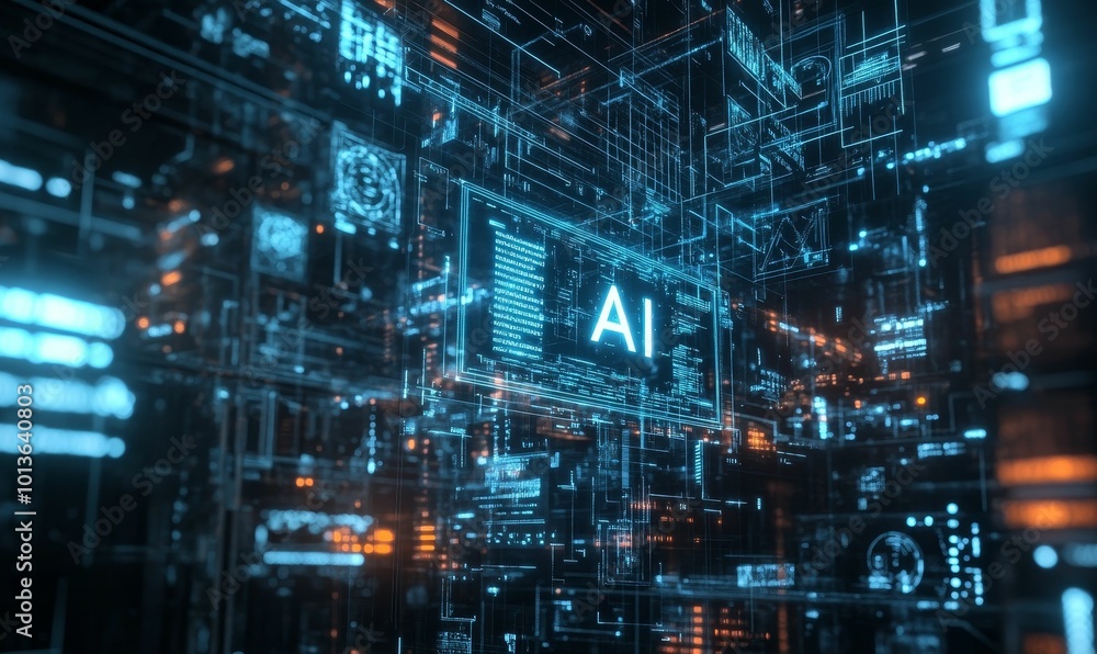 AI glowing in digital code network. AI glowing in digital code network.
