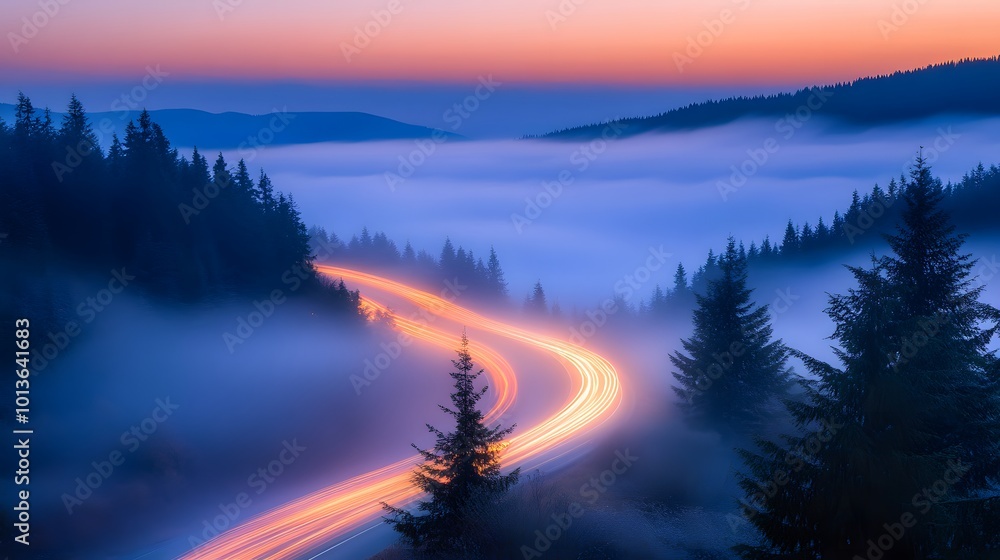 Car headlights and traffic lights on a winding road through pine trees, in a foggy valley at sunset, captured by long exposure photography Car headlights and traffic lights on a winding road through pine trees, in a foggy valley at sunset, captured by long exposure photography