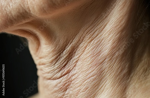 Close-up of the neck area, showing dry skin with fine lines and wrinkles around the collarbone area