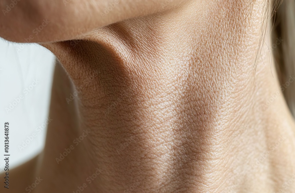 Fototapeta premium Close-up of the neck area, showing dry skin with fine lines and wrinkles around the collarbone area